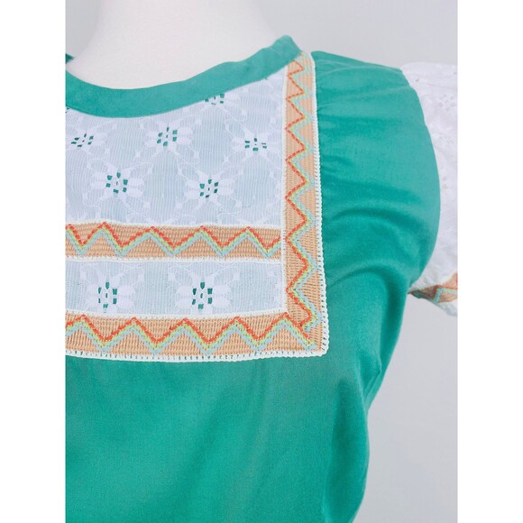 1970s Vintage Green 70s / Seventies Eyelet Puffed  Square Dance Dress / Medium - Picture 6 of 7